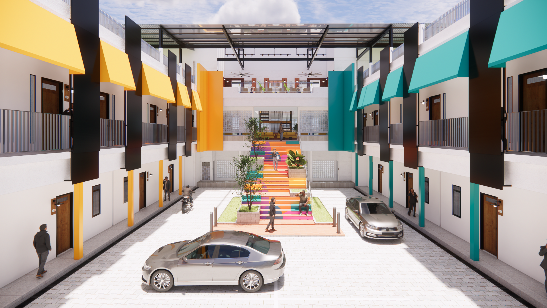 A colorful multi-story building's courtyard with parking spaces, stairs with multi-colored steps, and outdoor seating areas on upper floors.
