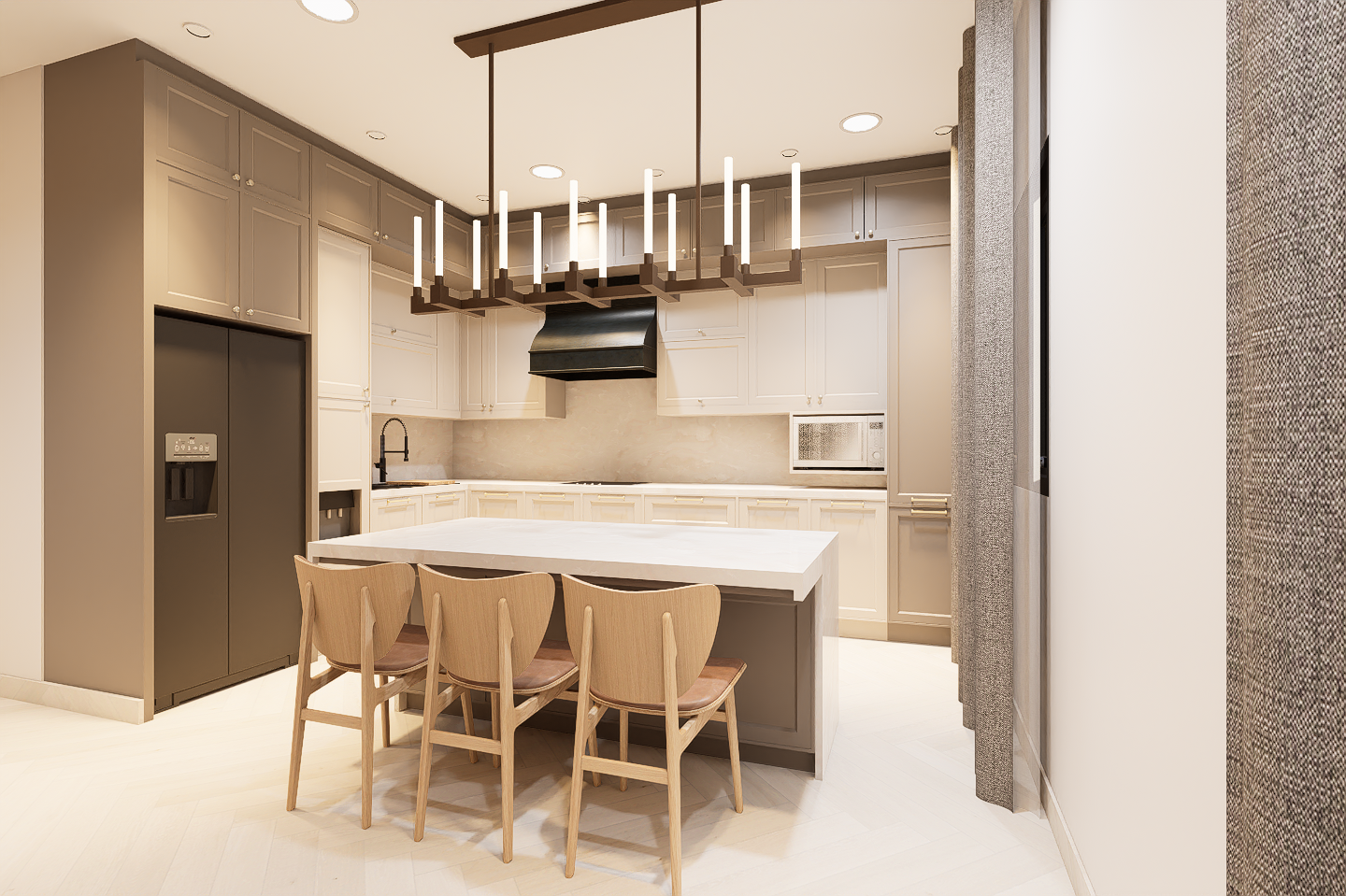 Modern kitchen with beige cabinets, a white island with four wooden chairs, black range hood, built-in microwave, and a unique rectangular chandelier.