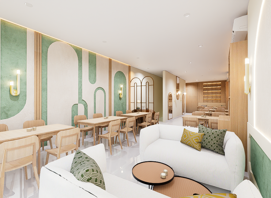 Modern lounge with white sofas, patterned cushions, wooden tables, and chairs, green and beige wall decor, warm lighting, and a cozy atmosphere.