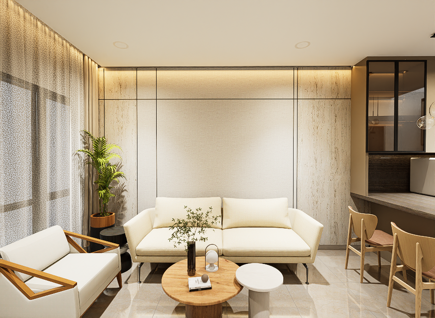 Modern living room with cream sofa, armchairs, wooden coffee table, potted plants, and beige decor.