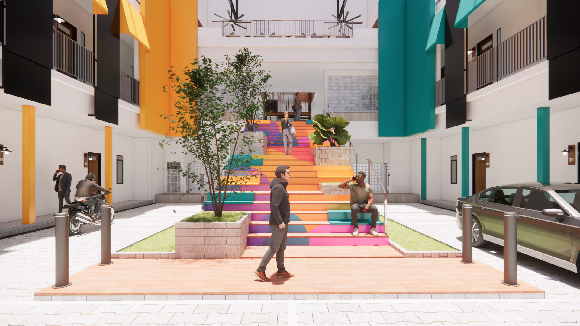 A colorful outdoor staircase with orange, purple, teal, and pink steps, leading to a building entrance. Several people are on and near the stairs, with one sitting and talking on the phone, and others walking or standing. The area has modern design elements, greenery, and parked cars, with a bright and lively atmosphere.
