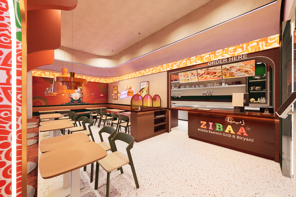 Interior of a Middle Eastern grill and biryani restaurant featuring a modern design with a warm color palette, seating area with tables and chairs, a serving counter labeled ZIBA Middle Eastern Grill & Biryani, and decorative lighting.