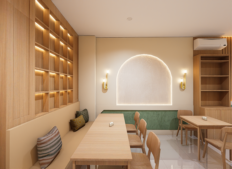 Minimalist dining area with wooden tables and chairs, built-in shelf with lighting, wall-mounted lights, and a decorative wall niche.