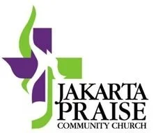 Logo of Jakarta Praise Community Church with green, purple, and white design elements.