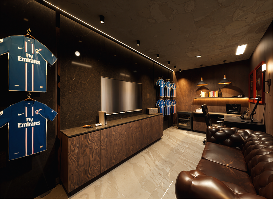 A modern, stylish man cave with a dark wood theme, featuring a wall-mounted flat-screen TV, a leather Chesterfield sofa, sports jerseys on display, a desk with a computer, and bookshelf with decorative items.
