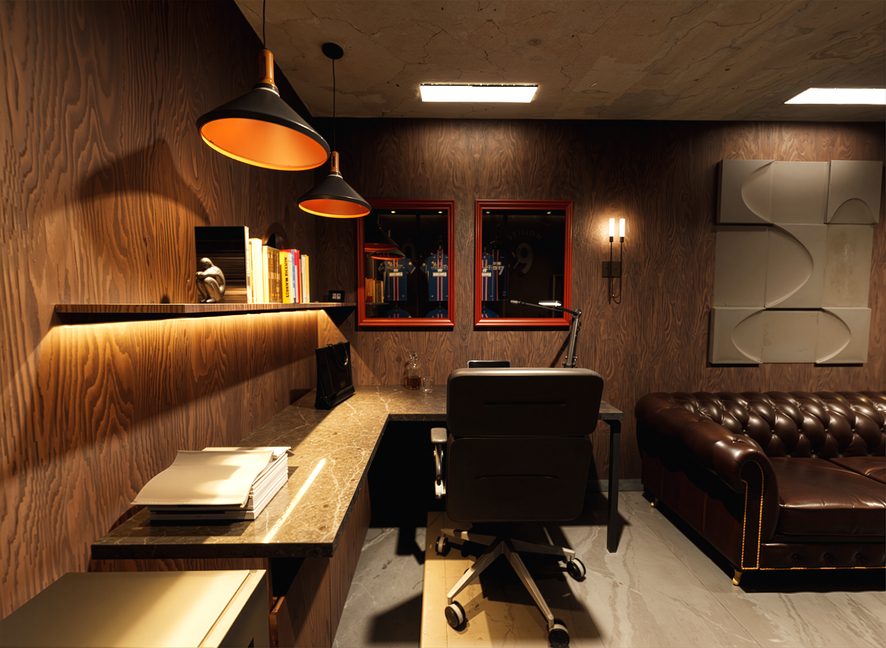 Modern office workspace with a marble desk, black office chair, bookshelf, decorative wall art, and a leather sofa in a warm, wooden-paneled room with pendant lighting.