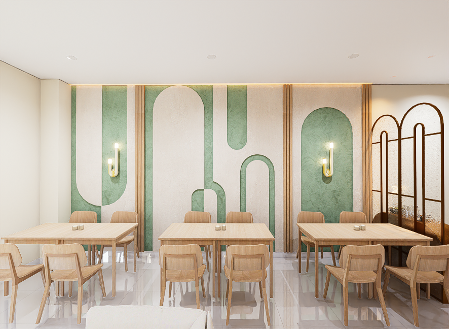 Modern dining area with three wooden tables, each surrounded by four wooden chairs, against a decorative wall with green and white abstract patterns and wall sconces with warm lighting.