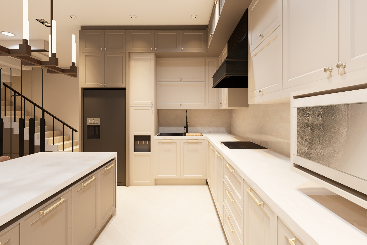 Modern kitchen with light-colored cabinets and countertops, black appliances, and a staircase with black railing in the background.