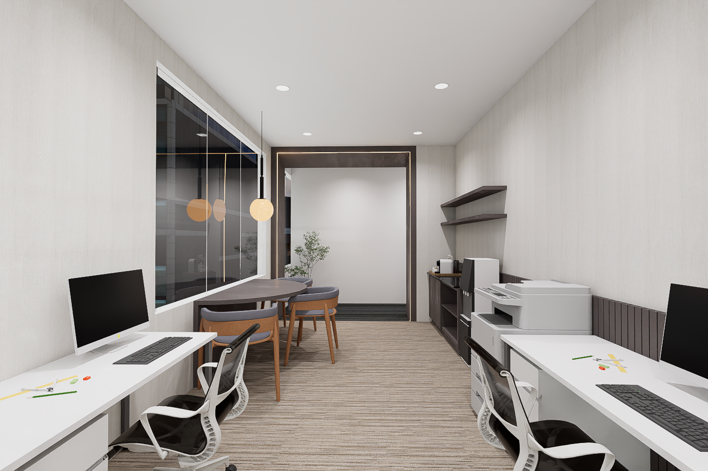 Modern office room with two desks and computers, a round table with chairs, a microwave, coffee maker, and shelves, decorated in a neutral color scheme.