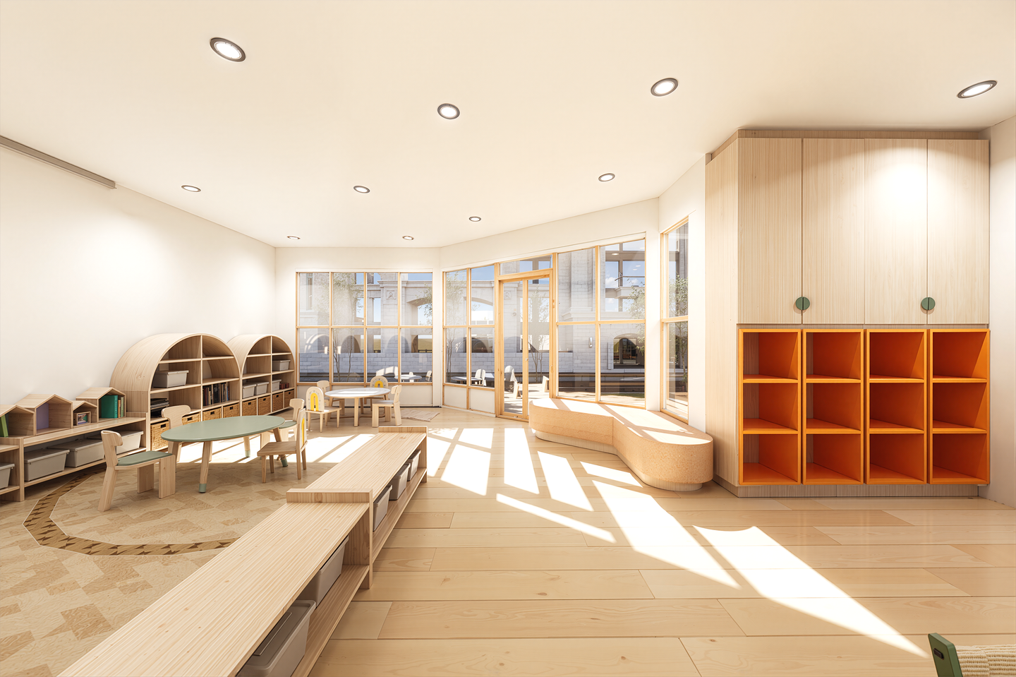Bright modern children's playroom with wooden shelves, tables, and chairs, large windows, and sunlight streaming in.