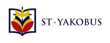 Logo for St. Yakobus featuring an open book with colorful pages and a cross on top.