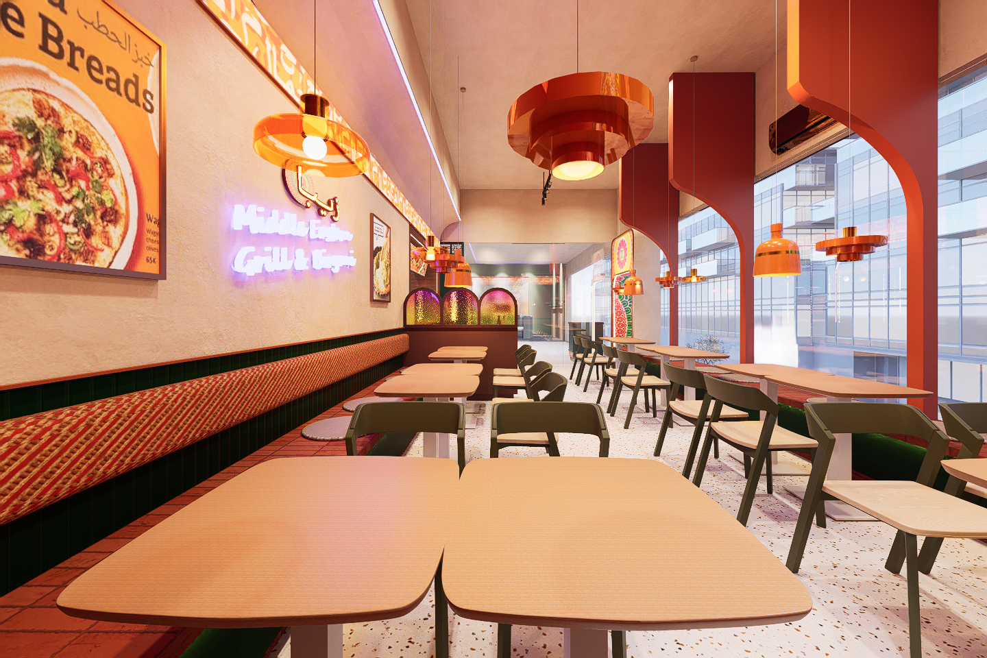 Empty modern cafe with natural light, curved red accents, beige tables, black chairs, and wall art including a pizza poster.