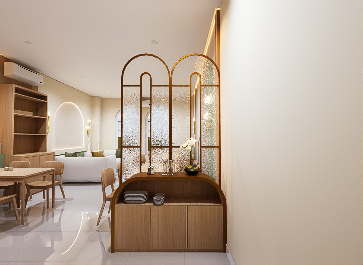 Interior of a modern living space with wooden furniture, a decorative room divider, and neutral color tones.