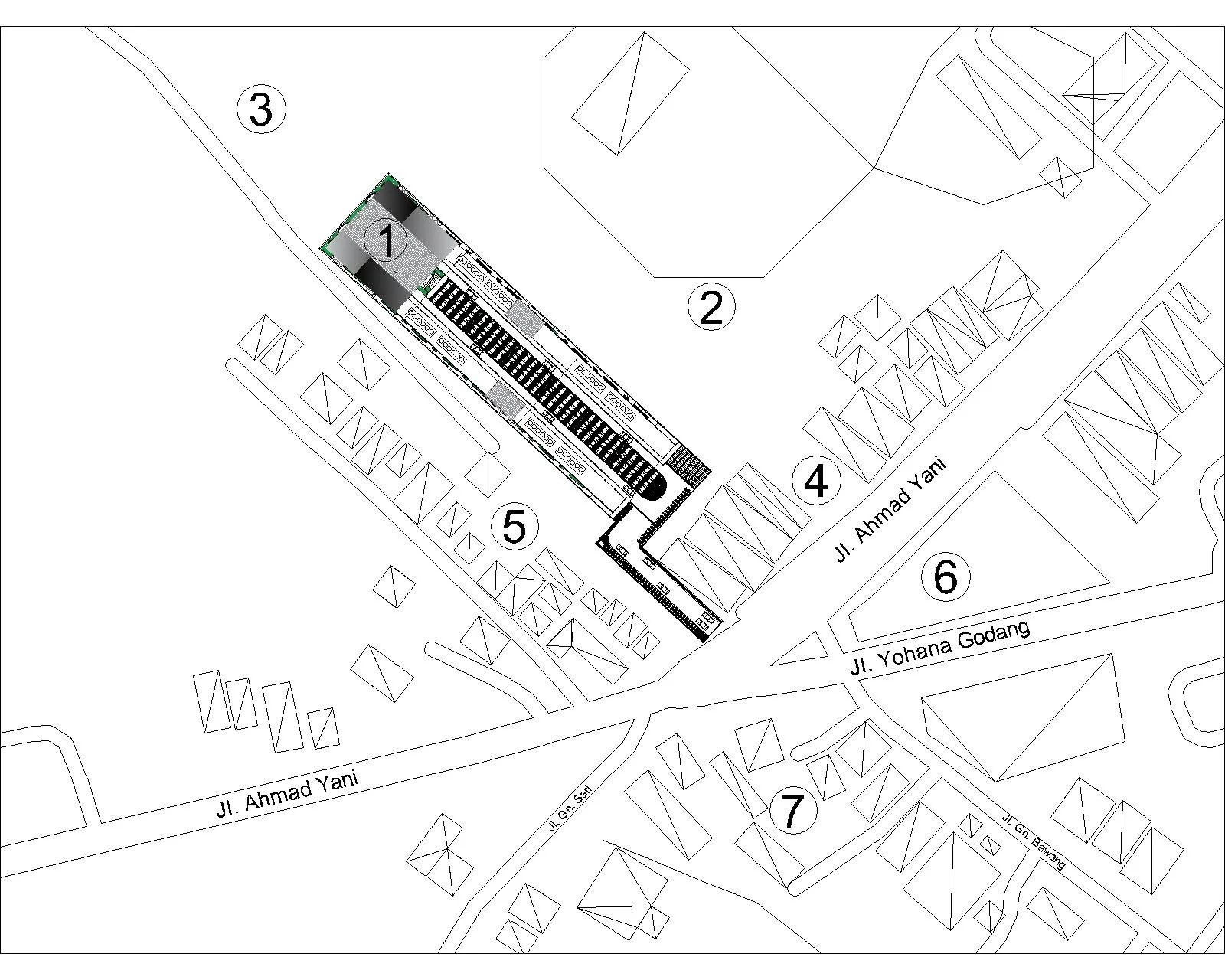 Site map of a development project with numbered labels, showing roads Jl. Ahmad Yani and Jl. Yohana Godang, and various buildings and plots.