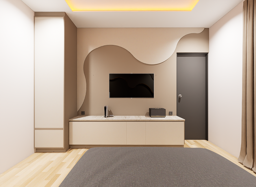 Modern bedroom with a wall-mounted TV, a console cabinet, and a decorative wall feature. Neutral color palette, soft lighting, and hardwood floors.