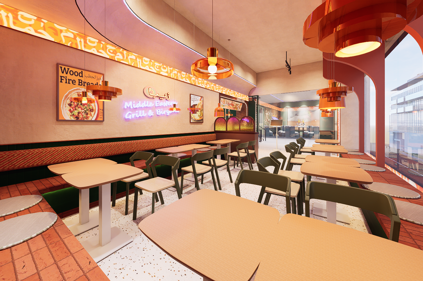 Interior of a modern restaurant with beige walls, orange pendant lights, and wooden tables with black and white chairs. Large windows let in natural light, and there's a neon sign on the wall.
