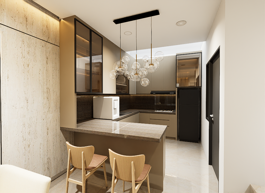 Modern kitchen with beige cabinets, black refrigerator, and a hanging glass chandelier. There is a marble countertop with two wooden chairs at a breakfast bar.