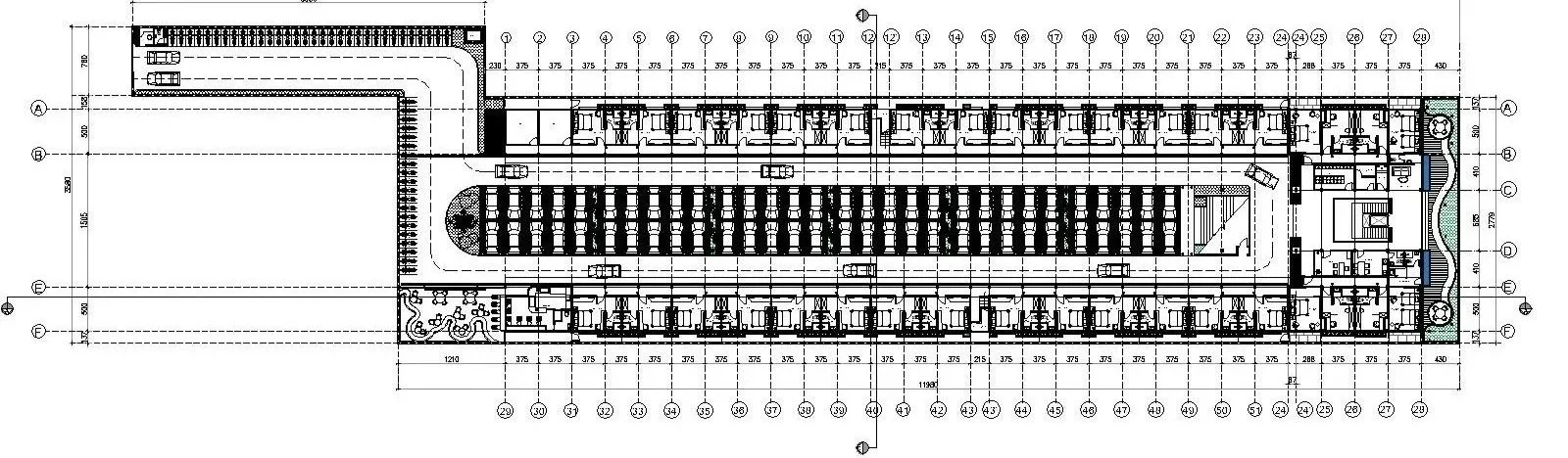 Detailed architectural floor plan of a building with multiple rooms, parking spaces, and landscaped areas, including measurements and layout details.