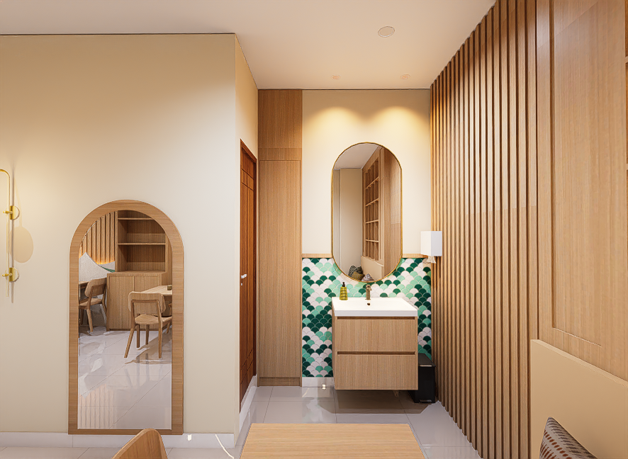 Interior shot of a modern room with a wooden accent wall, mirror, small sink, decorative backsplash, and a doorway leading to another seating area.
