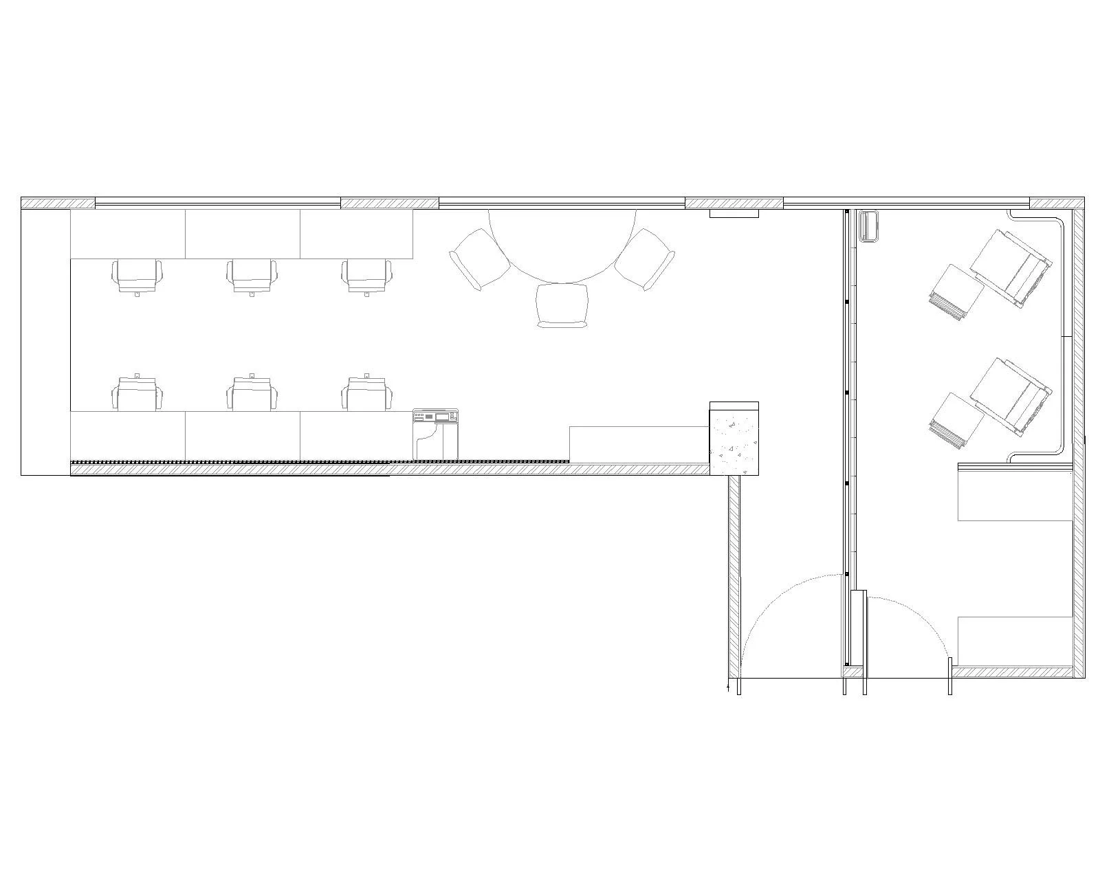 Architectural floor plan of an office space, including desks, chairs, lounge area with chairs and table, and a small separate room with chairs, a table, and a desk.