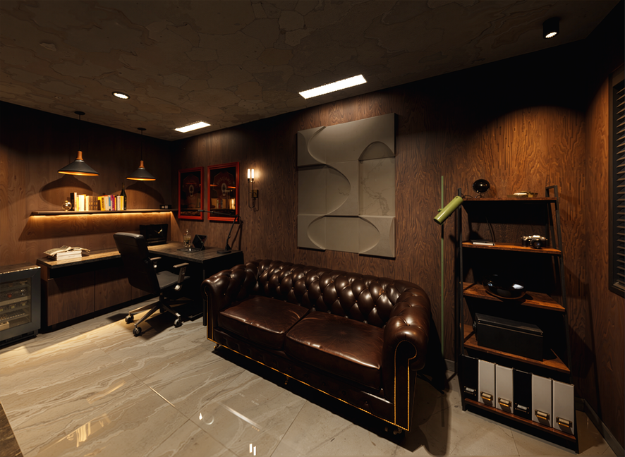 A cozy office with dark wooden walls, a brown leather tufted sofa, a black desk with a swivel chair, wall-mounted bookshelves, framed artwork, modern light fixtures, a tall floor lamp, and a small shelving unit with storage boxes.