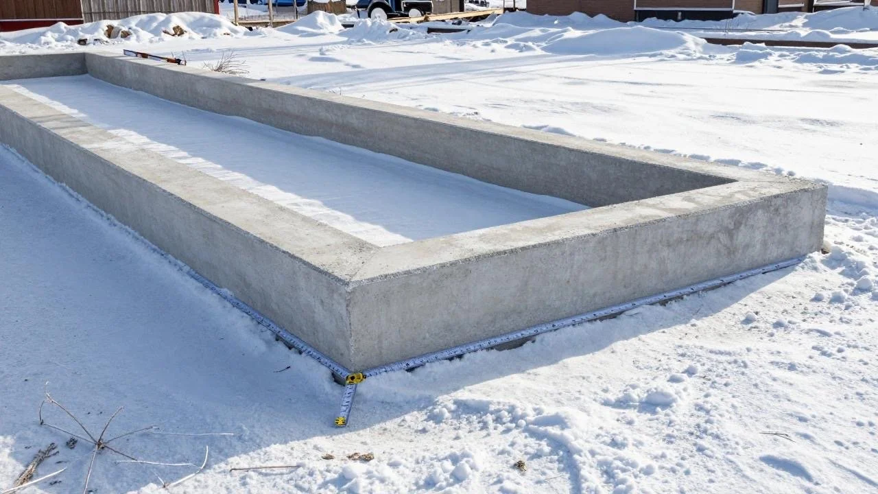 En nybygd, tom og snødekket fundamentplate i betong i utendørs omgivelser, omgitt av snø.