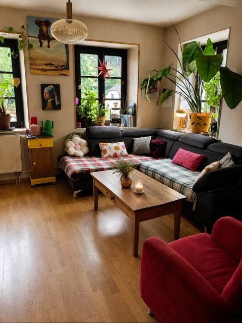 Salon cosy avec un canapé gris anthracite, une table en bois, une grande plante et des décorations murales