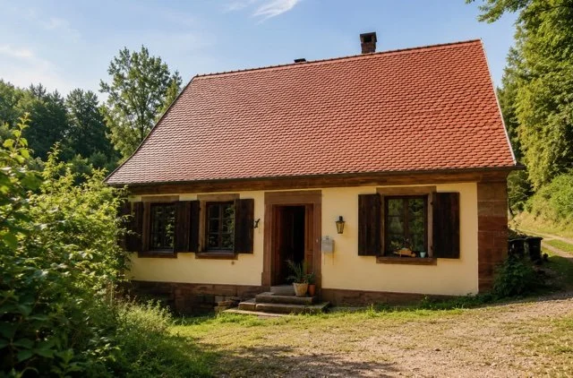 Maison typique avec un toit rouge, volets en bois, entourée de végétation