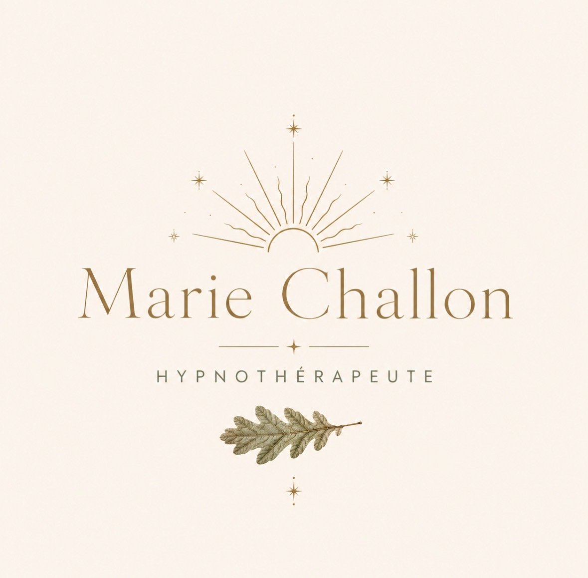 Logo d'une thérapeute hypnothérapeute, avec le nom Marie Challon, entouré d'illustrations d'étoiles, de rayons et d'une feuille d'arbre.