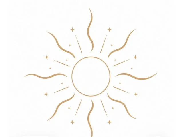 Illustration minimaliste d'un soleil avec rays et petites étoiles