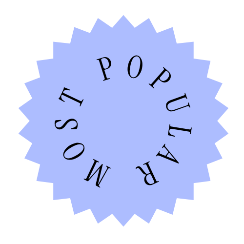 A circular badge with a zig zag edge, containing the text 'MOST POPULAR'. The text is arranged in a circular pattern around the centre of the badge.