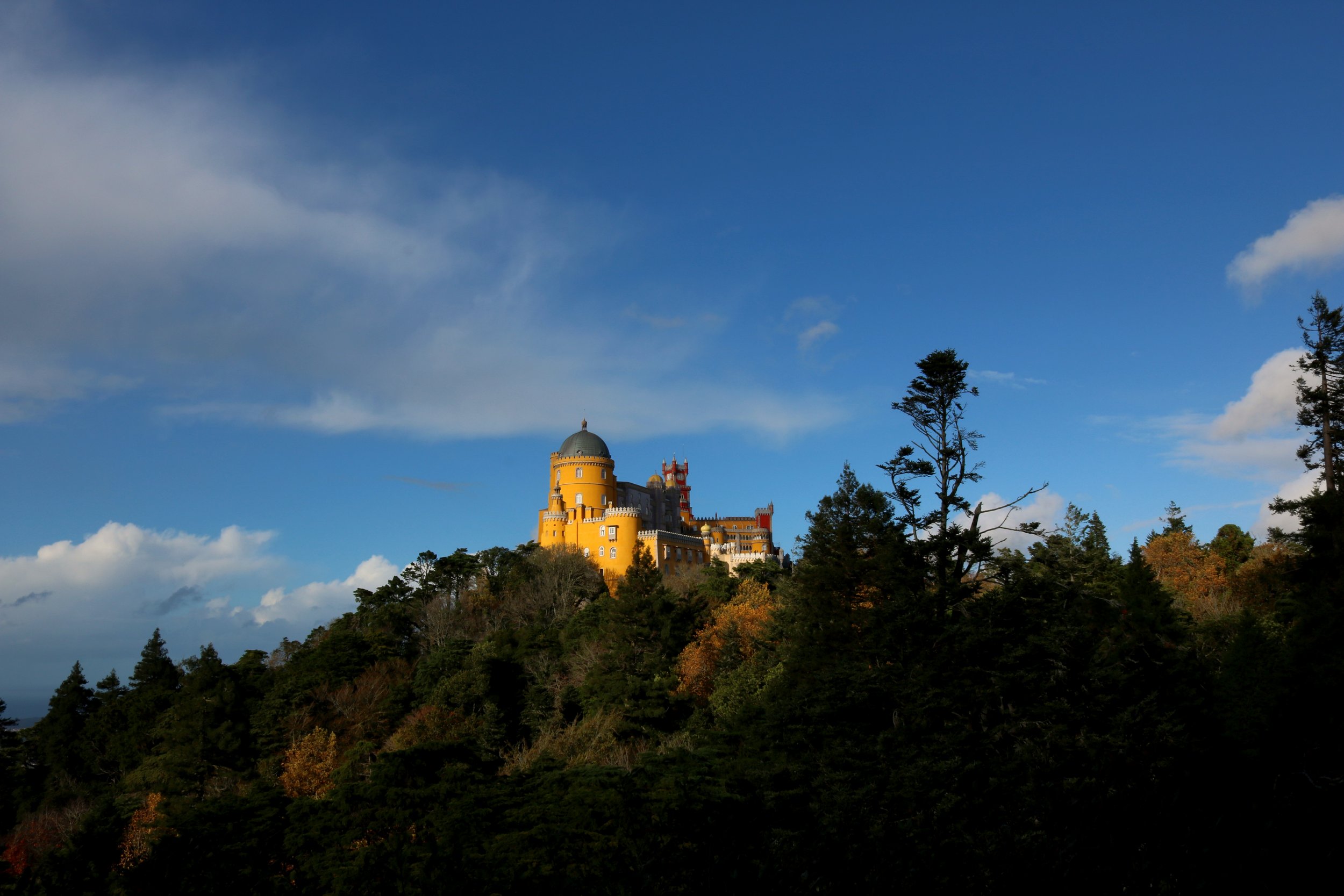 A colorful castle on a hilltop surrounded by trees, with a blue sky and clouds above.