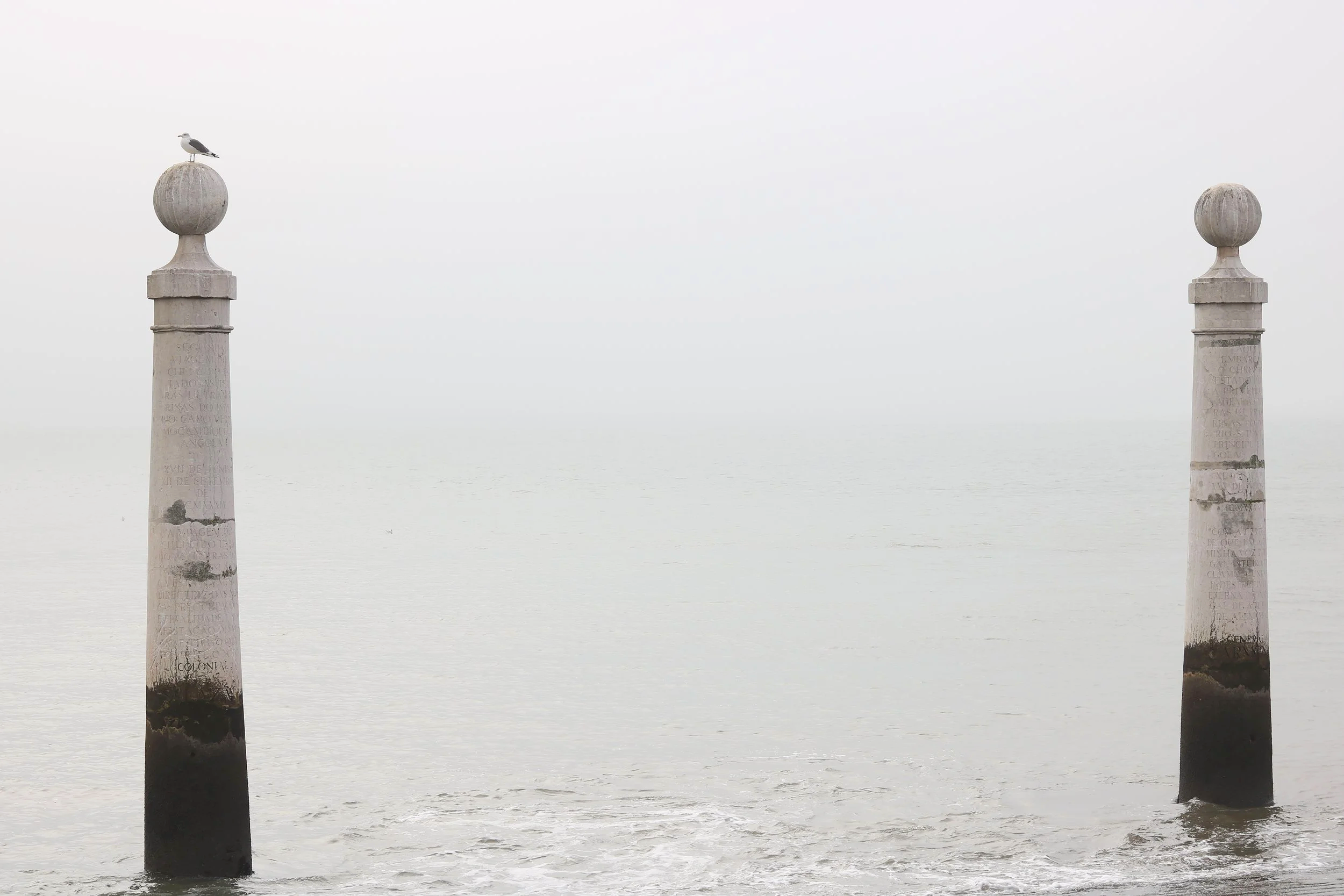 Two stone pillars with decorative tops in the water, one with a seagull perched on top, surrounded by a misty, calm body of water.