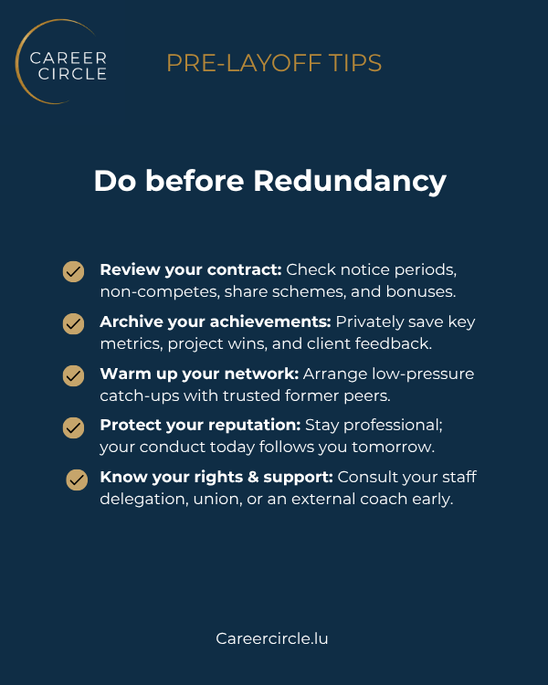 Infographic: Do's before redundancy and corporate layoff tips by Career Circle Luxembourg