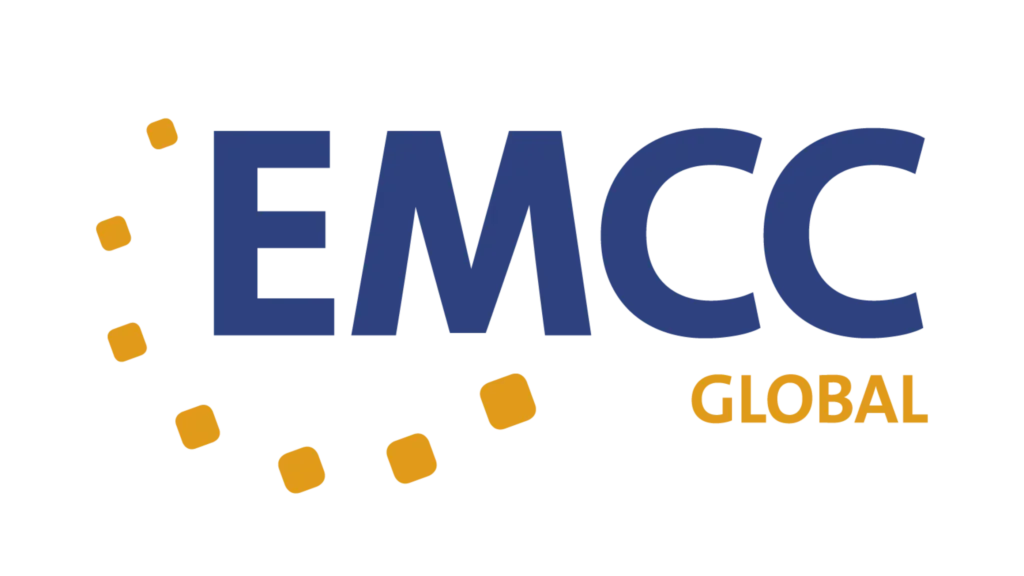 Logo of EMCC Global (European Mentoring and Coaching Council) with the letters 'EMCC' in large blue letters and 'Global' in smaller yellow letters, surrounded by a dotted yellow circle.