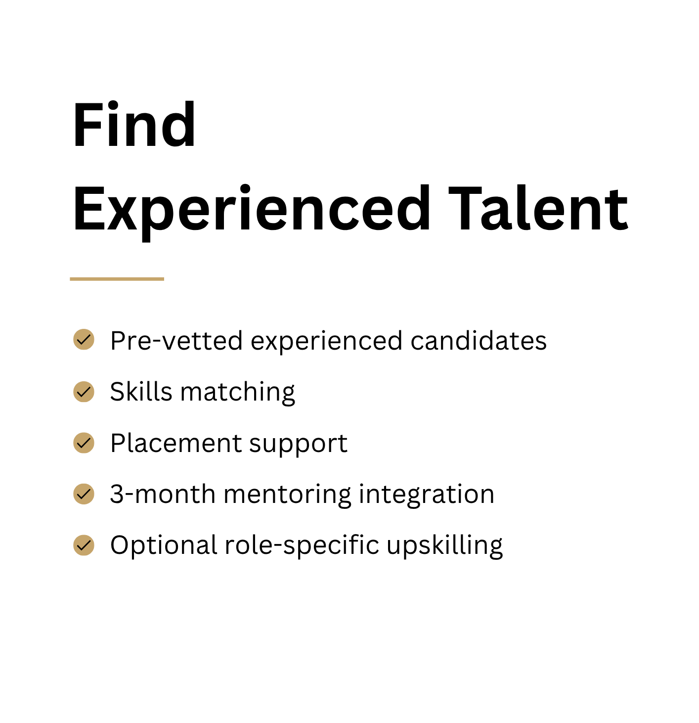 A presentation slide titled 'Find Experienced Talent' lists benefits including pre-vetted experienced candidates, skills matching, placement support, 3-month mentoring integration, and optional role-specific upskilling.