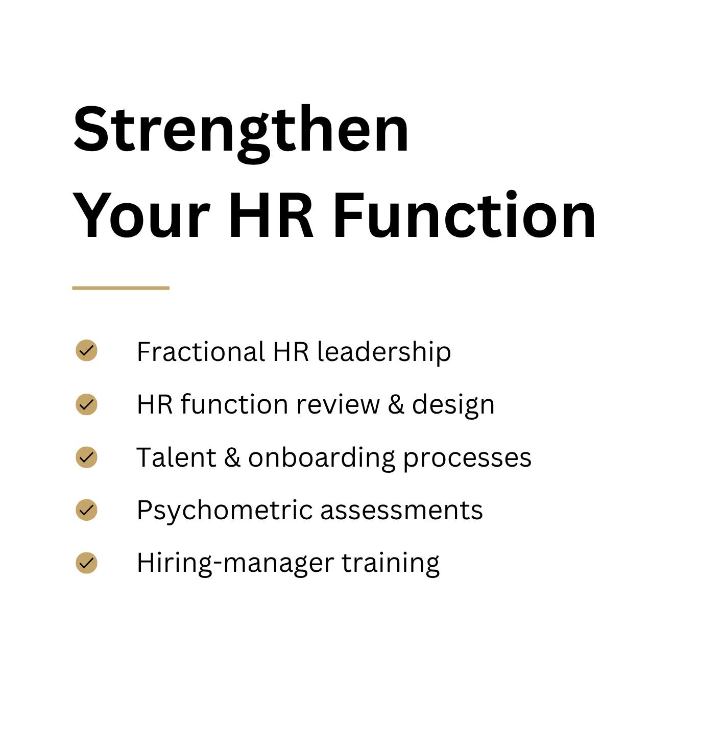 Slide titled 'Strengthen Your HR Function' with a list of HR topics, each with a gold checkmark: Fractional HR leadership, HR function review and design, Talent and onboarding processes, Psychometric assessments, Hiring-manager training.