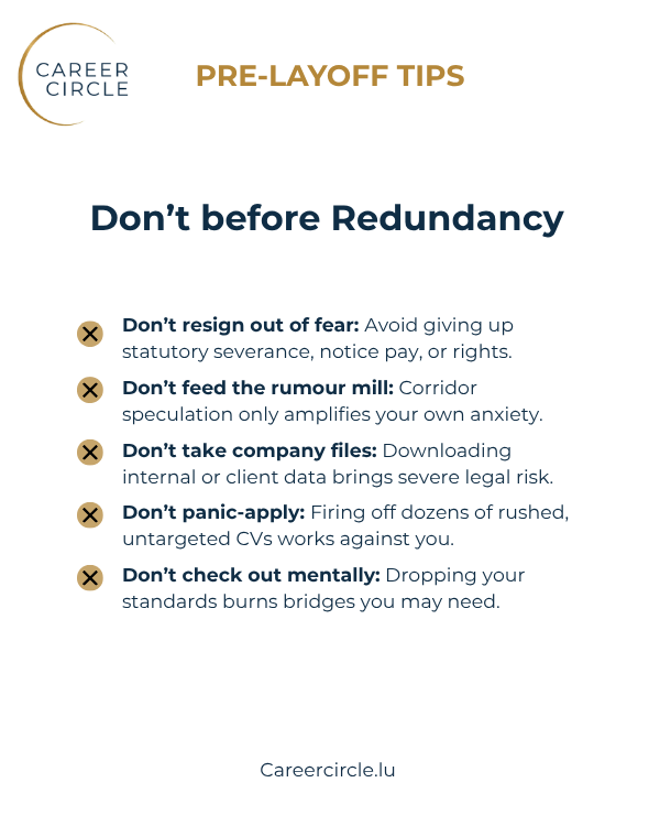 Infographic: Don'ts before job redundancy and layoff pitfalls to avoid by Career Circle Luxembourg