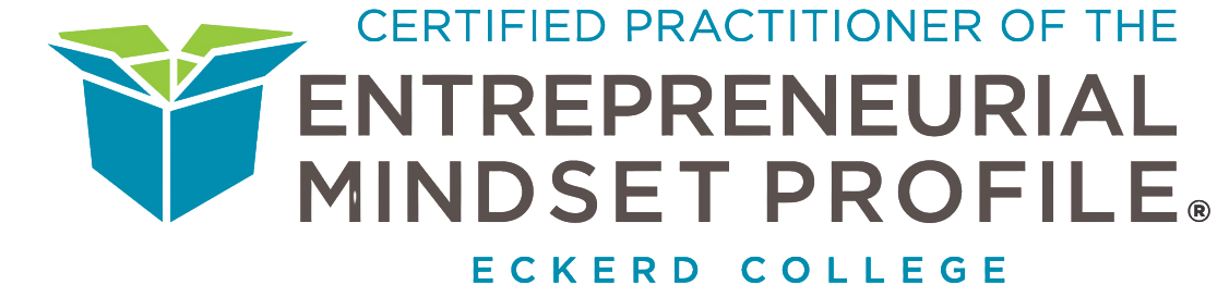 Logo for the Certified Practitioner of the Entrepreneurial Mindset Profile (EMP), featuring a stylized box in lime green and teal. Text reads  ENTREPRENEURIAL MINDSET PROFILE' in blue and black.