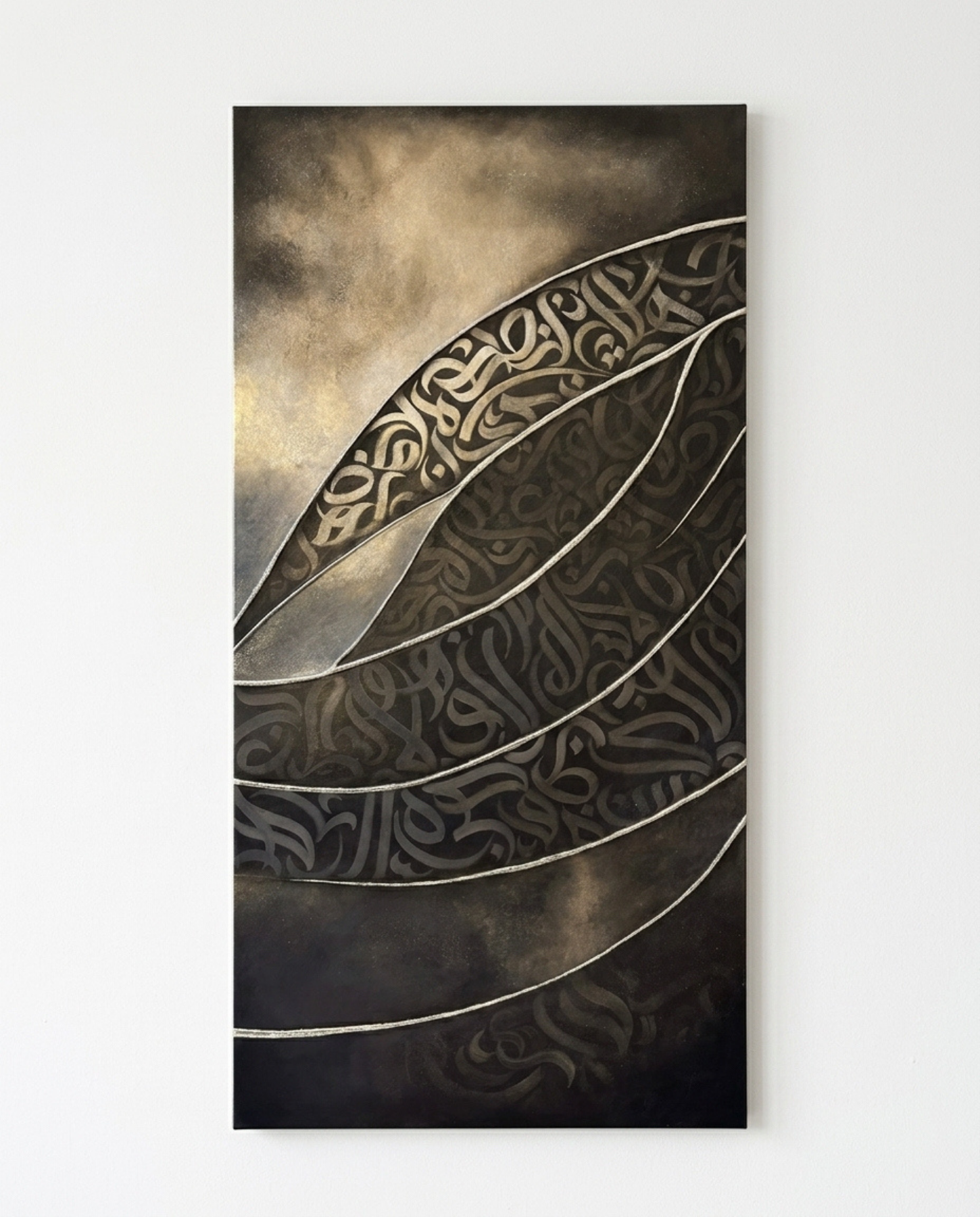 “Rising Glyphs,” an original mixed-media artwork by Shirin Roshanaie, featuring layered Persian and Arabic calligraphic forms in charcoal, bronze, and warm gold tones. ShisArt Studio
