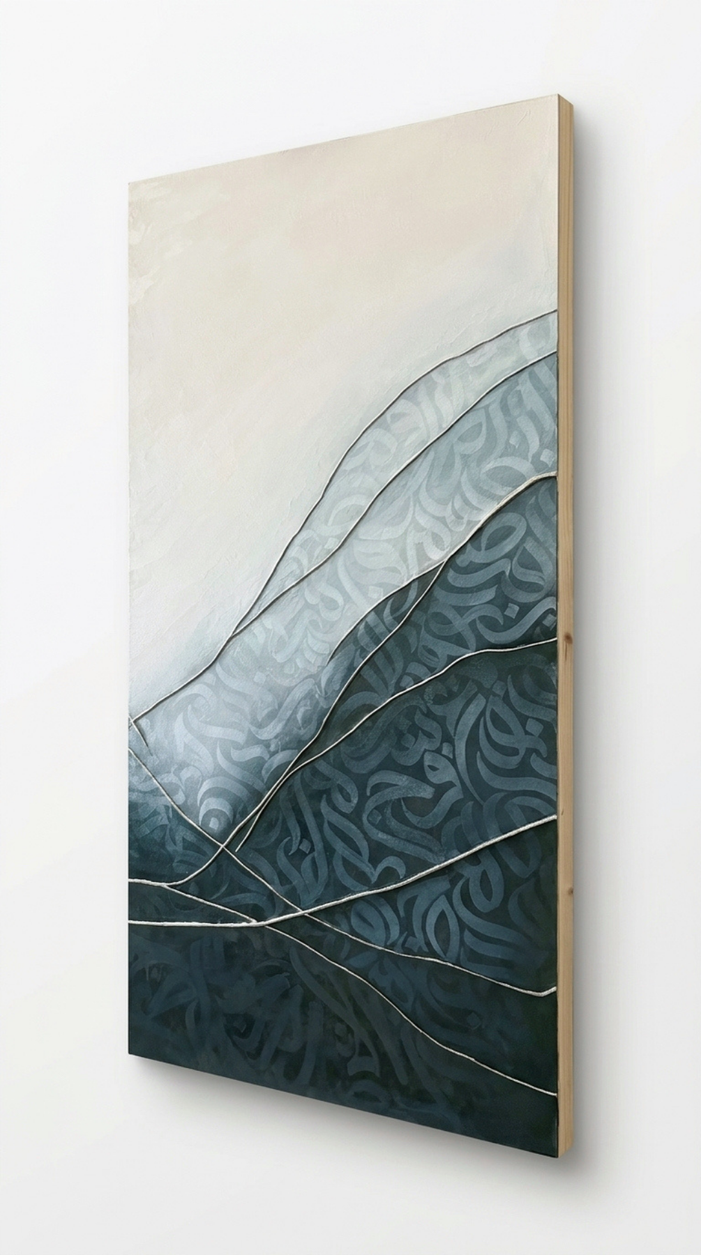 “Liminal Veil,” an original mixed-media artwork by Shirin Roshanaie, shown from a side perspective  in shades of blue, green, white, and gold, featuring layered textures and Persian/ Arabic calligraphic forms and layered textures. . ShisArt Studio
