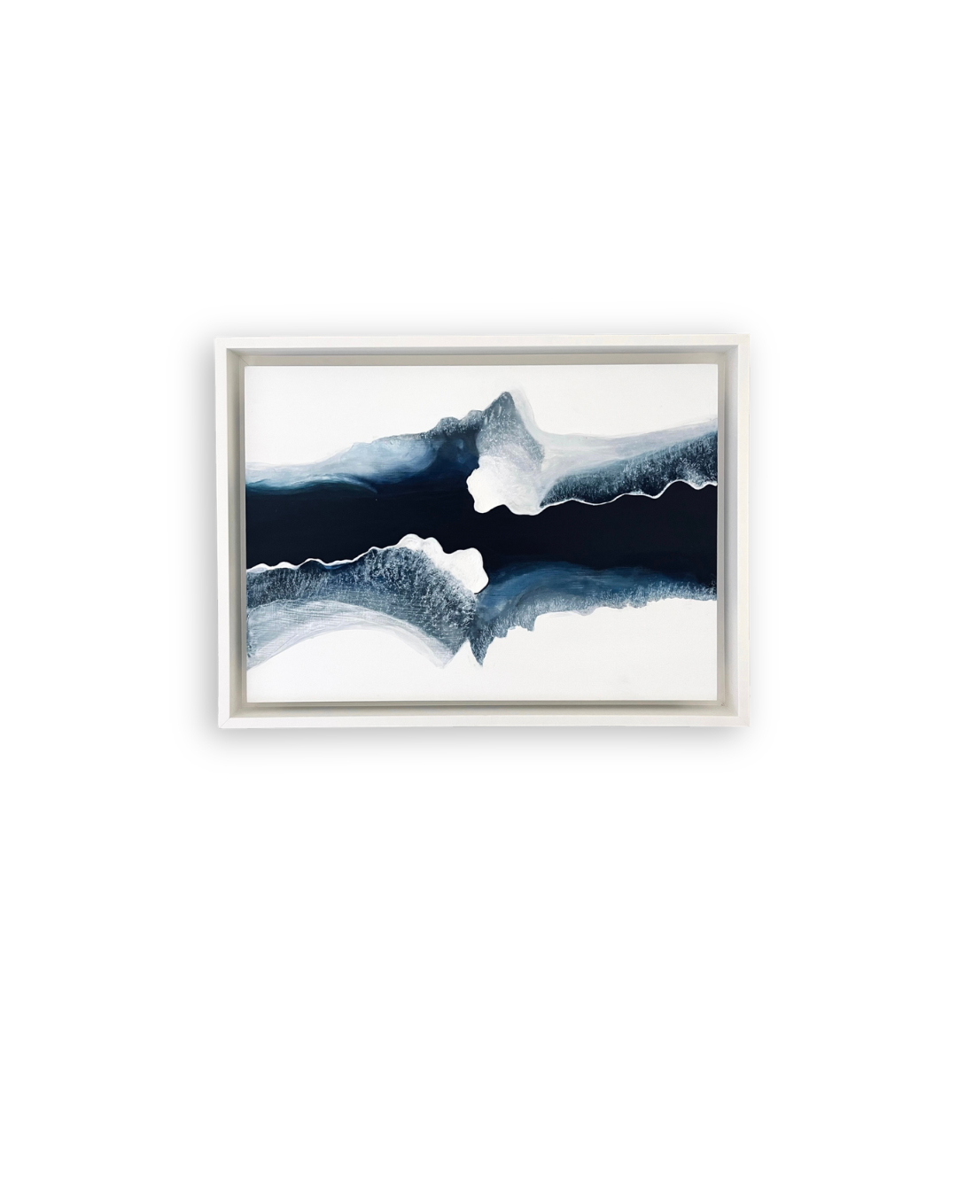 Original abstract artwork from the “Déjà Vu” collection by Shirin Roshanaie, depicting ocean waves in shades of blue and black with reflections in a white frame. ShisArt Studio