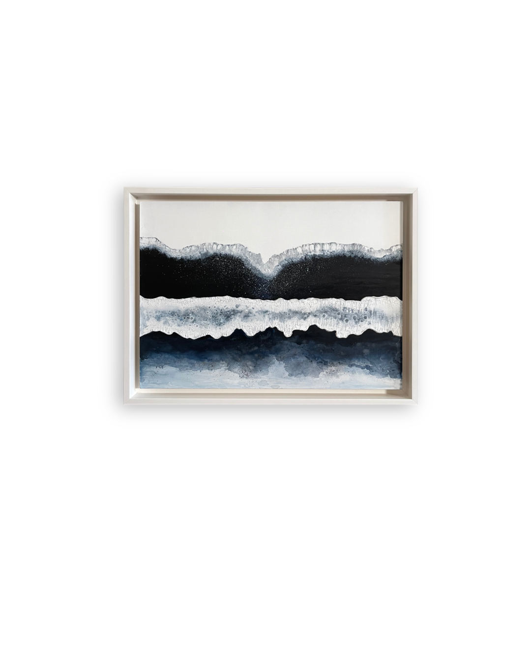 Abstract artwork from the “Déjà Vu” collection by Shirin Roshanaie, depicting an asymmetric landscape with mountains, water, and reflections in a white frame.  ShisArt Studio