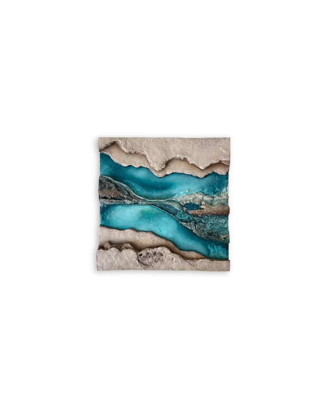 “Beneath,” a three-dimensional mixed-media artwork by Shirin Roshanaie, featuring layered textures in shades of blue, gray, beige, green, and white, inspired by landscapes and water. ShisArt Studio