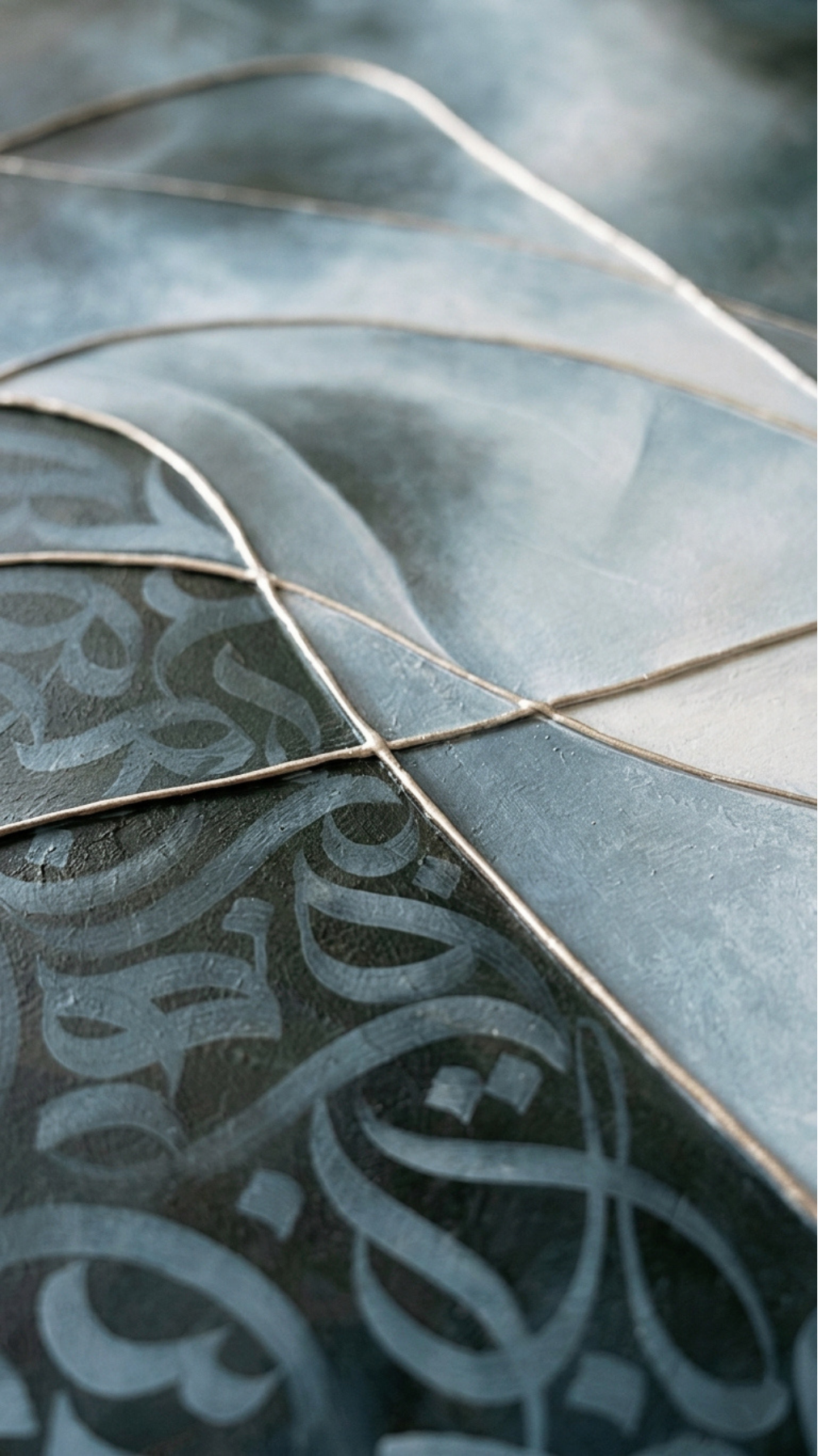 Close-up of an artwork, “Flux,” an original mixed-media artwork by Shirin Roshanaie, in shades of blue, green, white, and gold, featuring layered textures and Persian/ Arabic calligraphic forms and layered textures. . ShisArt Studio