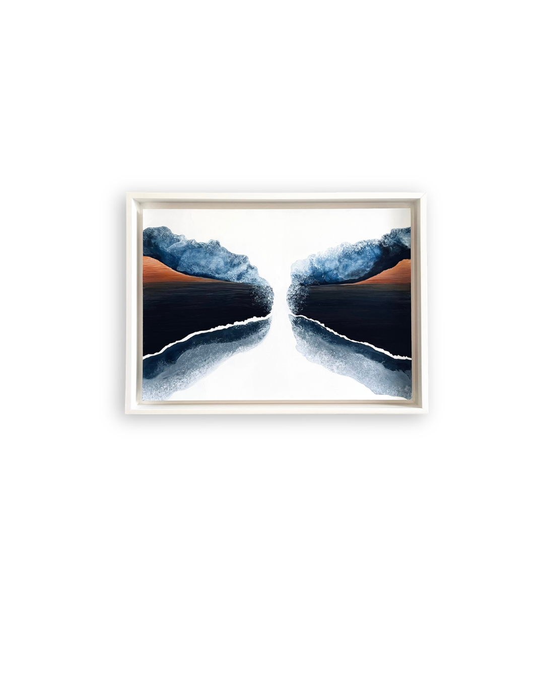 Abstract artwork from the “Déjà Vu” collection by Shirin Roshanaie, depicting a symmetrical mountain landscape with water and reflections in a white frame. ShisArt Studio