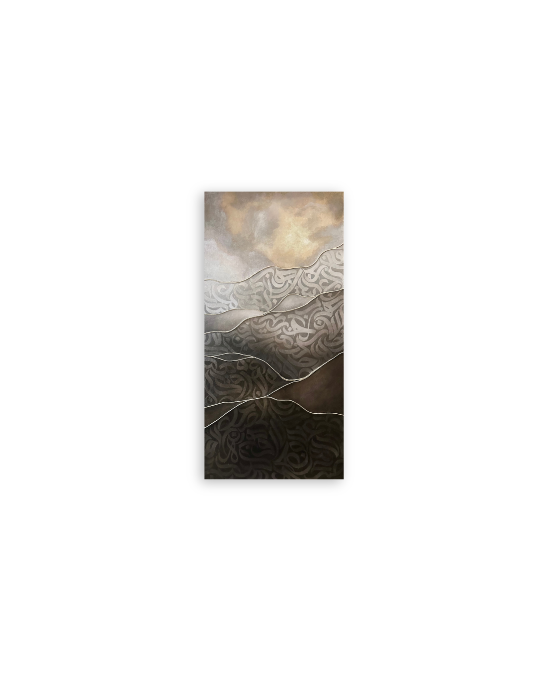 “Lightborne,” an original mixed-media artwork by Shirin Roshanaie in shades of brown, beige, white, and champagne, featuring flowing Persian/ Arabic calligraphic forms and layered textures. ShisArt Studio