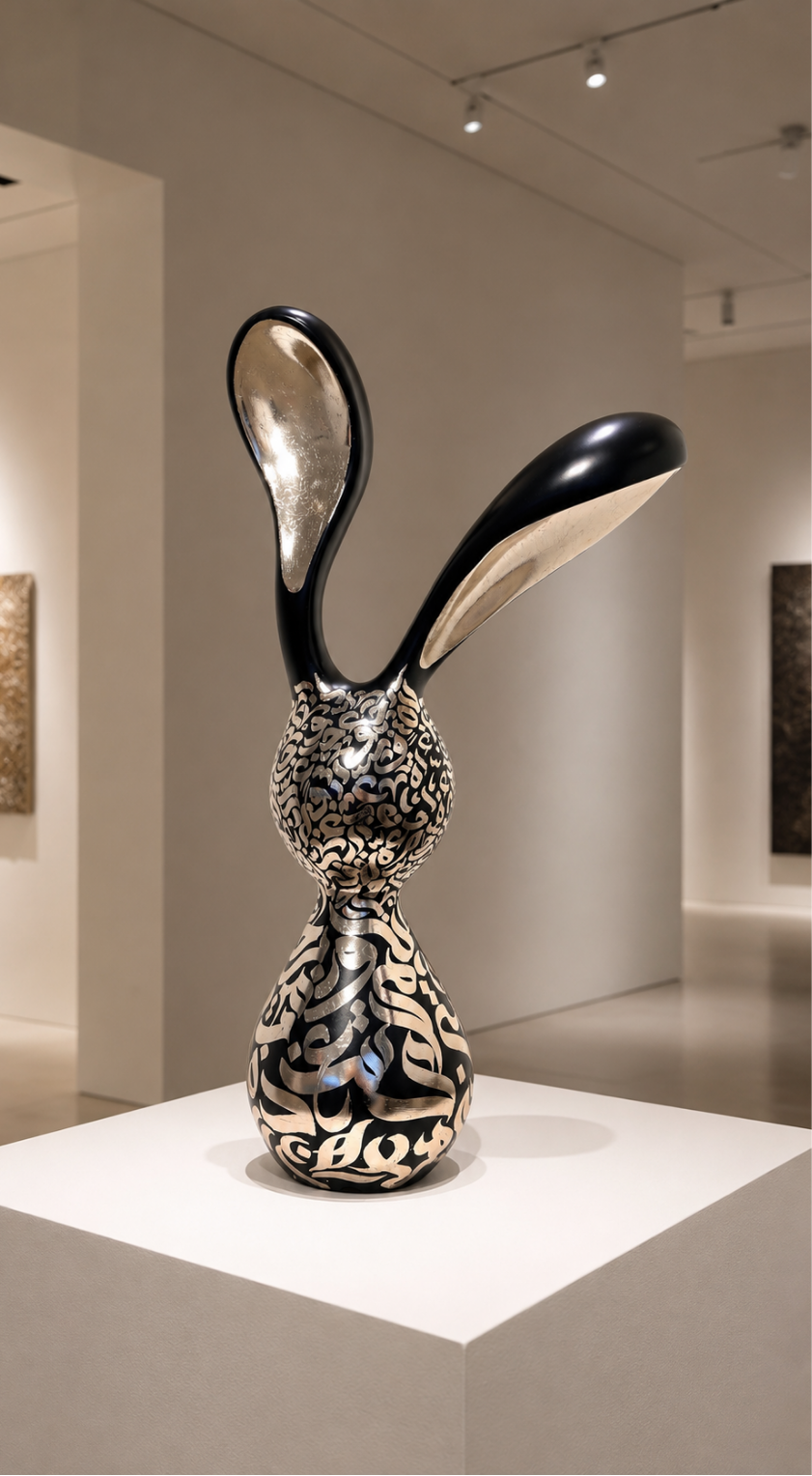 “Nouran,” an original mixed-media sculpture by Shirin Roshanaie, featuring a stylized rabbit form with Persian and Arabic calligraphic patterns in black and silver with metallic accents, displayed on a pedestal in a contemporary art gallery. ShisArt 