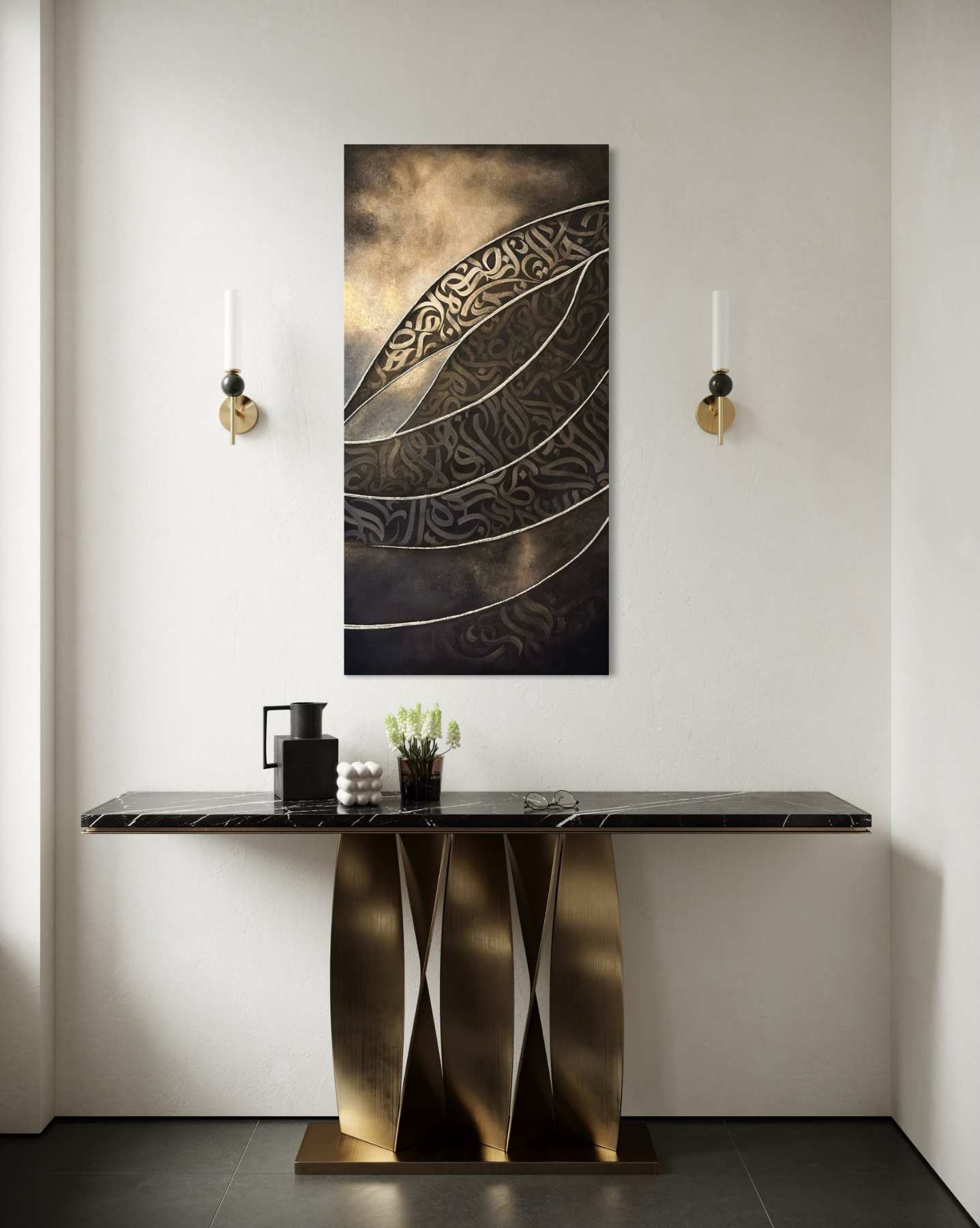 “Rising Glyphs,” an original mixed-media artwork by Shirin Roshanaie, featuring layered Persian and Arabic calligraphic forms in charcoal, bronze, and warm gold tones, displayed above a contemporary console in a modern interior. ShisArt Studio