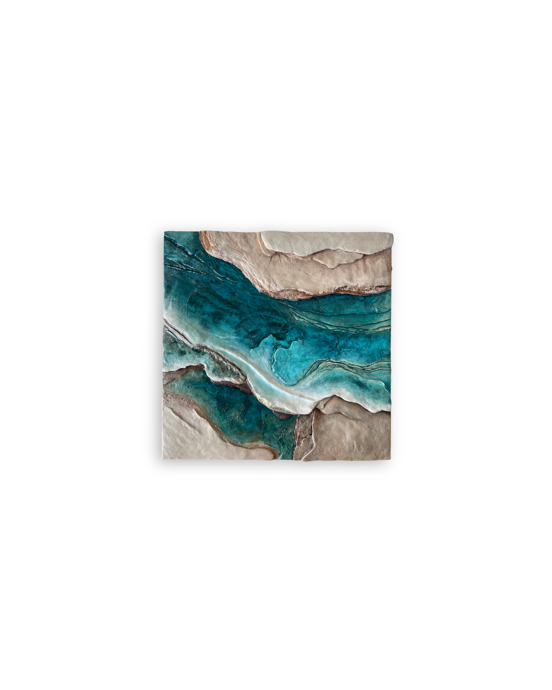 “Alluvia,” a three-dimensional mixed-media artwork by Shirin Roshanaie in bone white and blue, inspired by the layered textures and forms of nature. ShisArt Studio